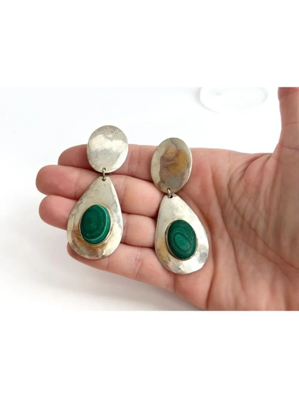 Malachite Inlaid Teardrop Clip On 800 Silver Drop Southwest Style Earrings
